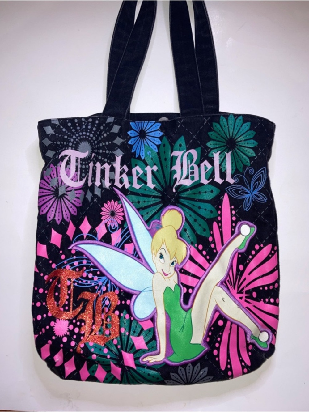 Tinker Bell Black Floral Graphic Tote Bag